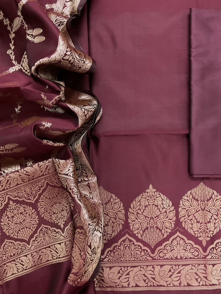 Image of Soft Silk Banarasi Weaved Suit - Maroonish Brown