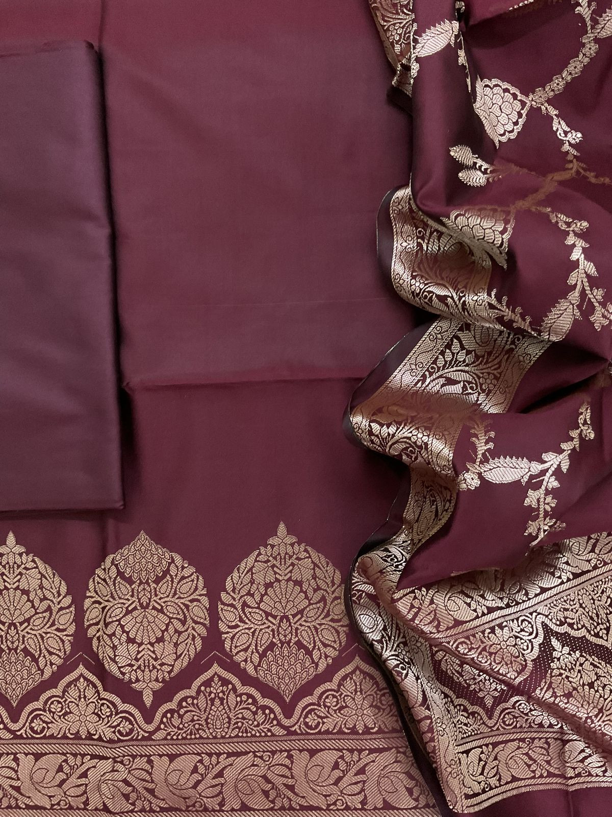 Soft Silk Banarasi Weaved Suit - Maroonish Brown