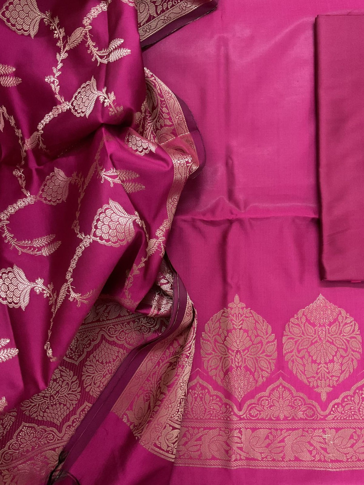 Image of Soft Silk Banarasi Weaved Suit - Pink