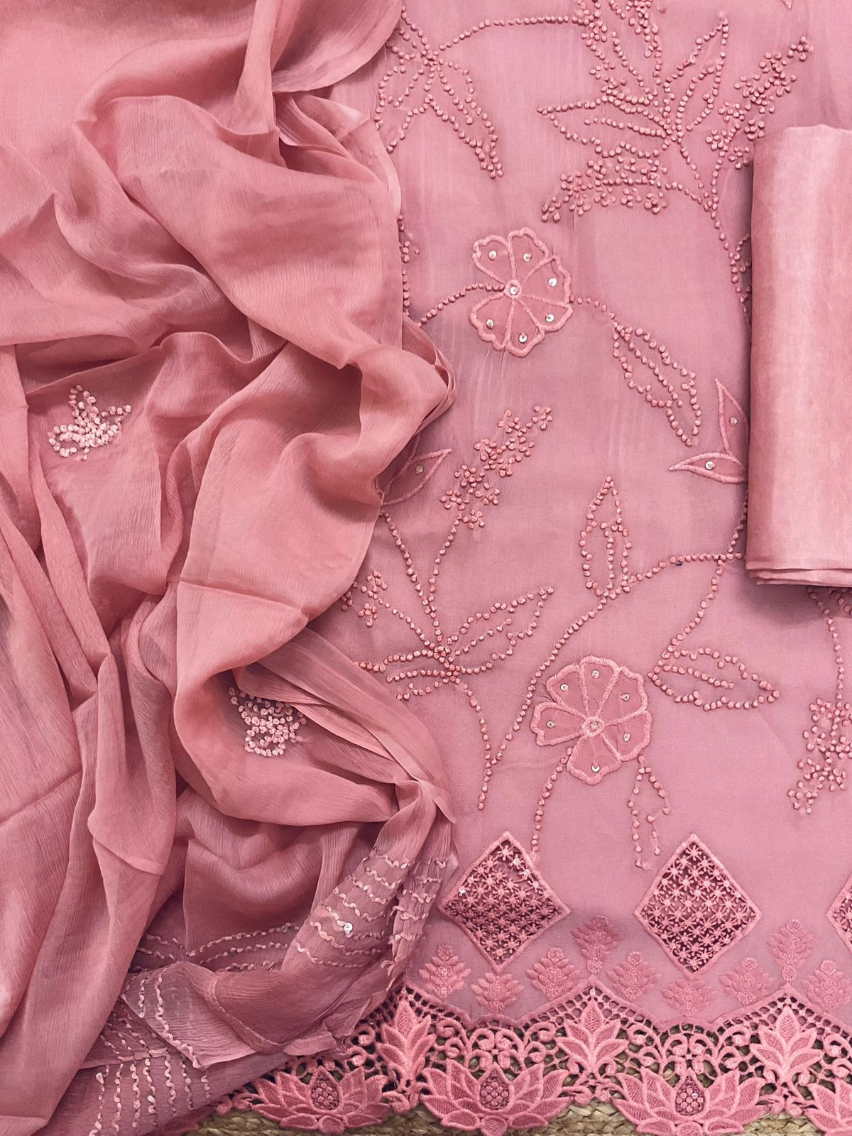 Pure Georgette Embroidered Suit - Pink