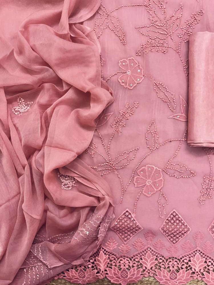 Image of Pure Georgette Embroidered Suit - Pink