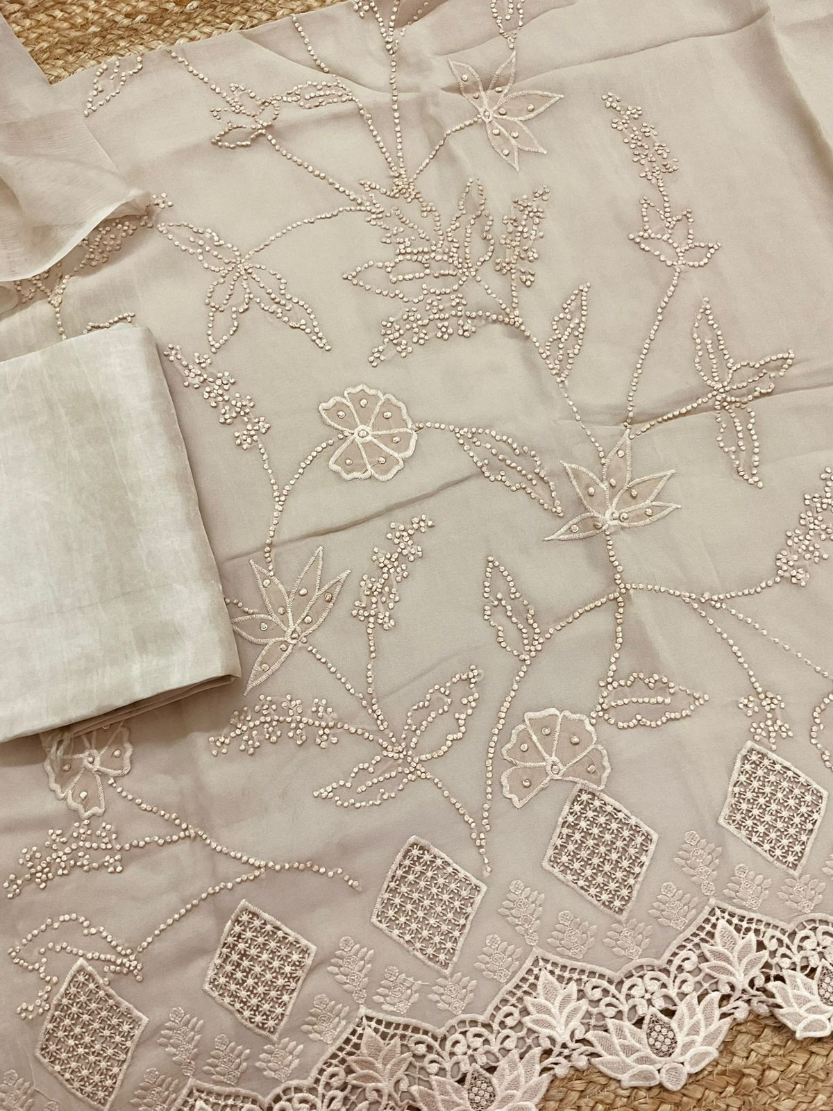 Pure Georgette Embroidered Suit - Beige