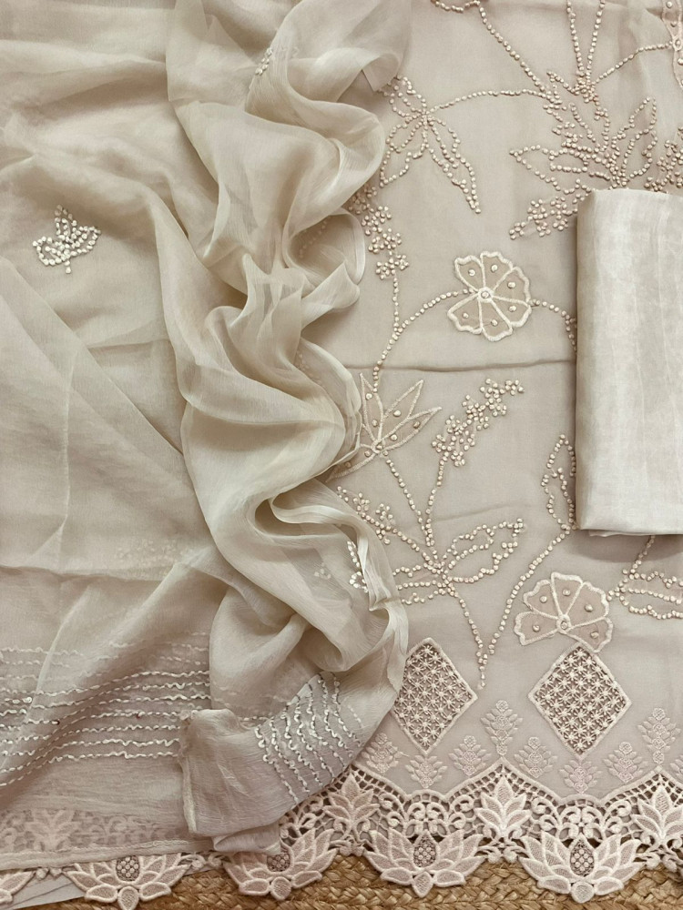 Image of Pure Georgette Embroidered Suit - Beige