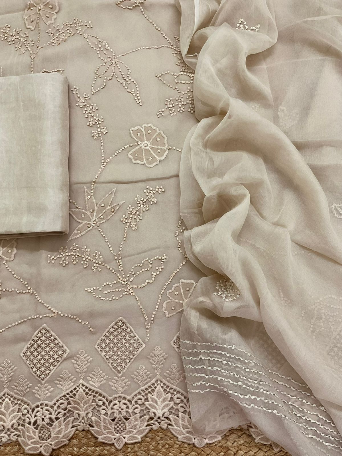 Pure Georgette Embroidered Suit - Beige