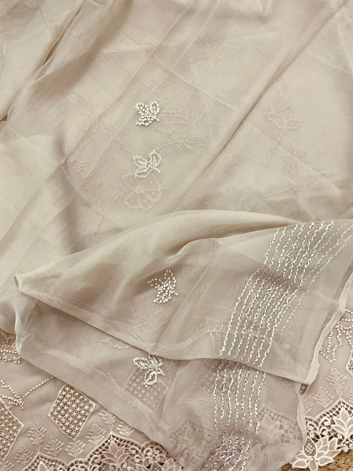 Pure Georgette Embroidered Suit - Beige