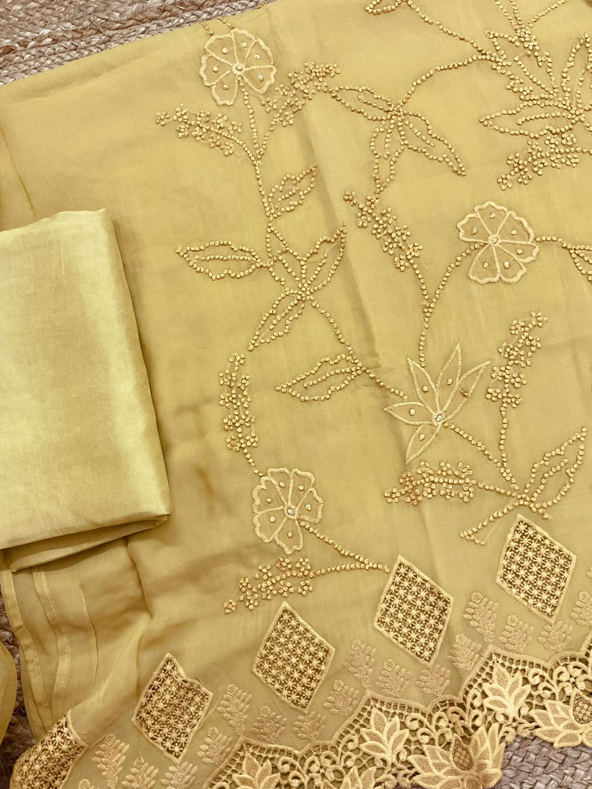 Pure Georgette Embroidered Suit - Yellow