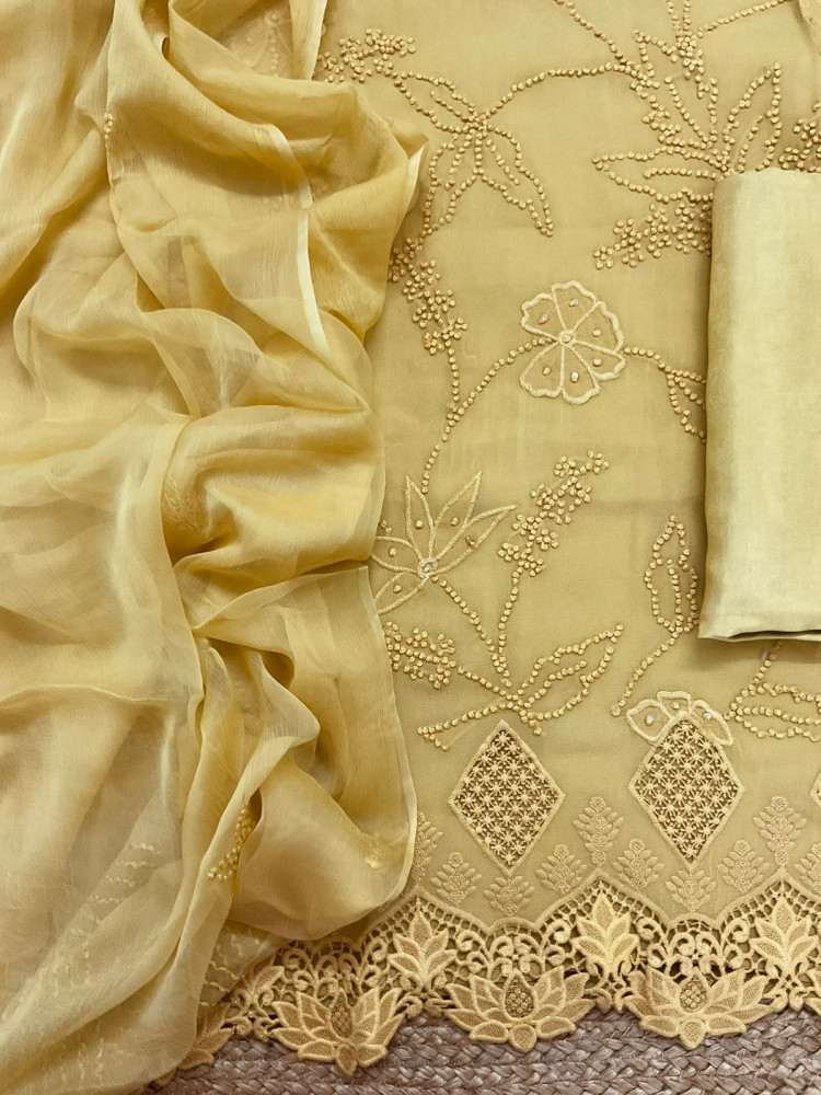 Image of Pure Georgette Embroidered Suit - Yellow