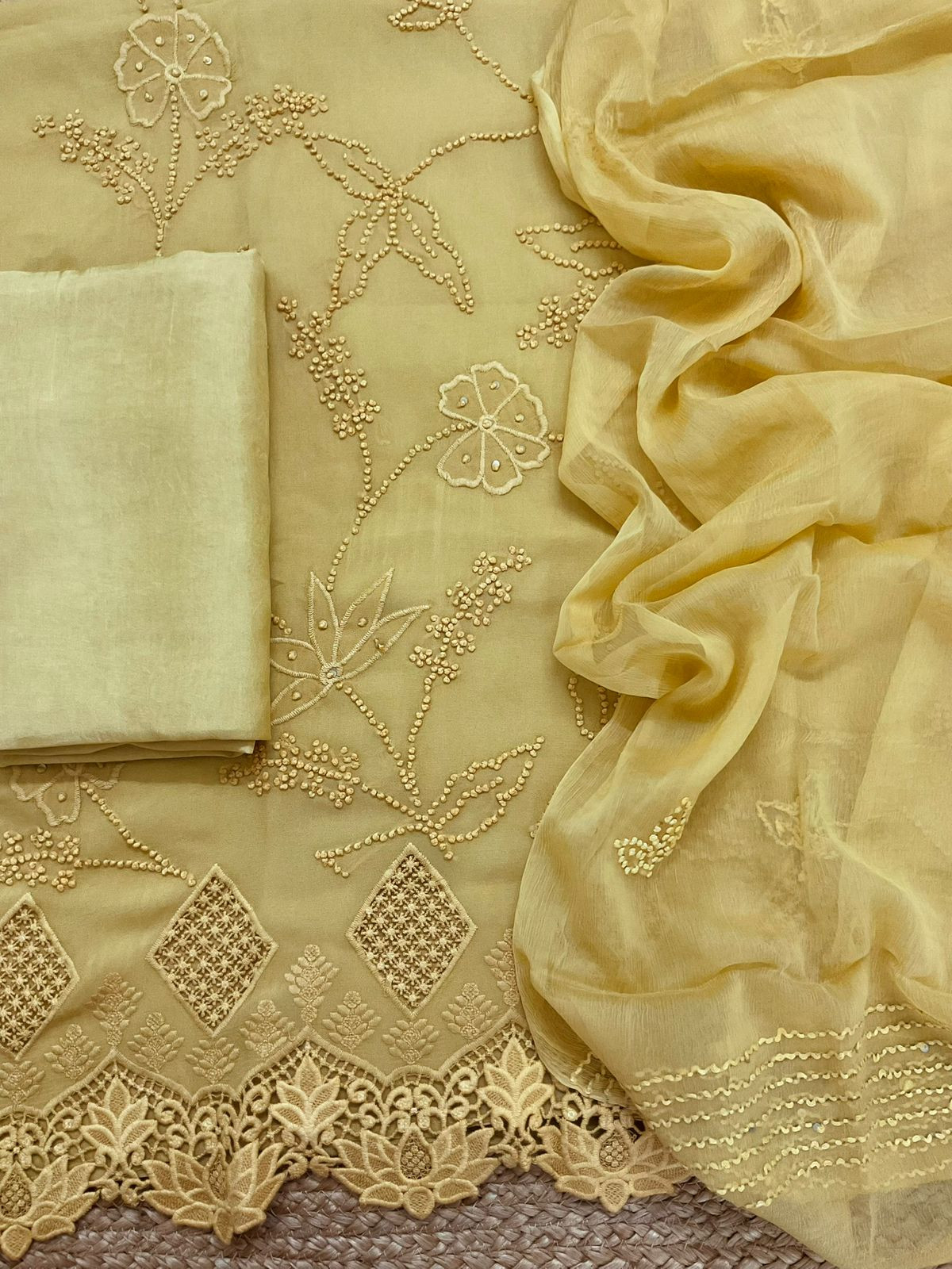 Pure Georgette Embroidered Suit - Yellow