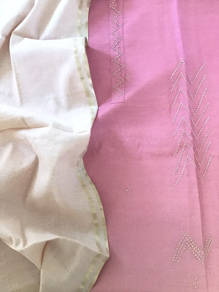 Image of Pure Chanderi Shaded Embroidered Suit - Pink
