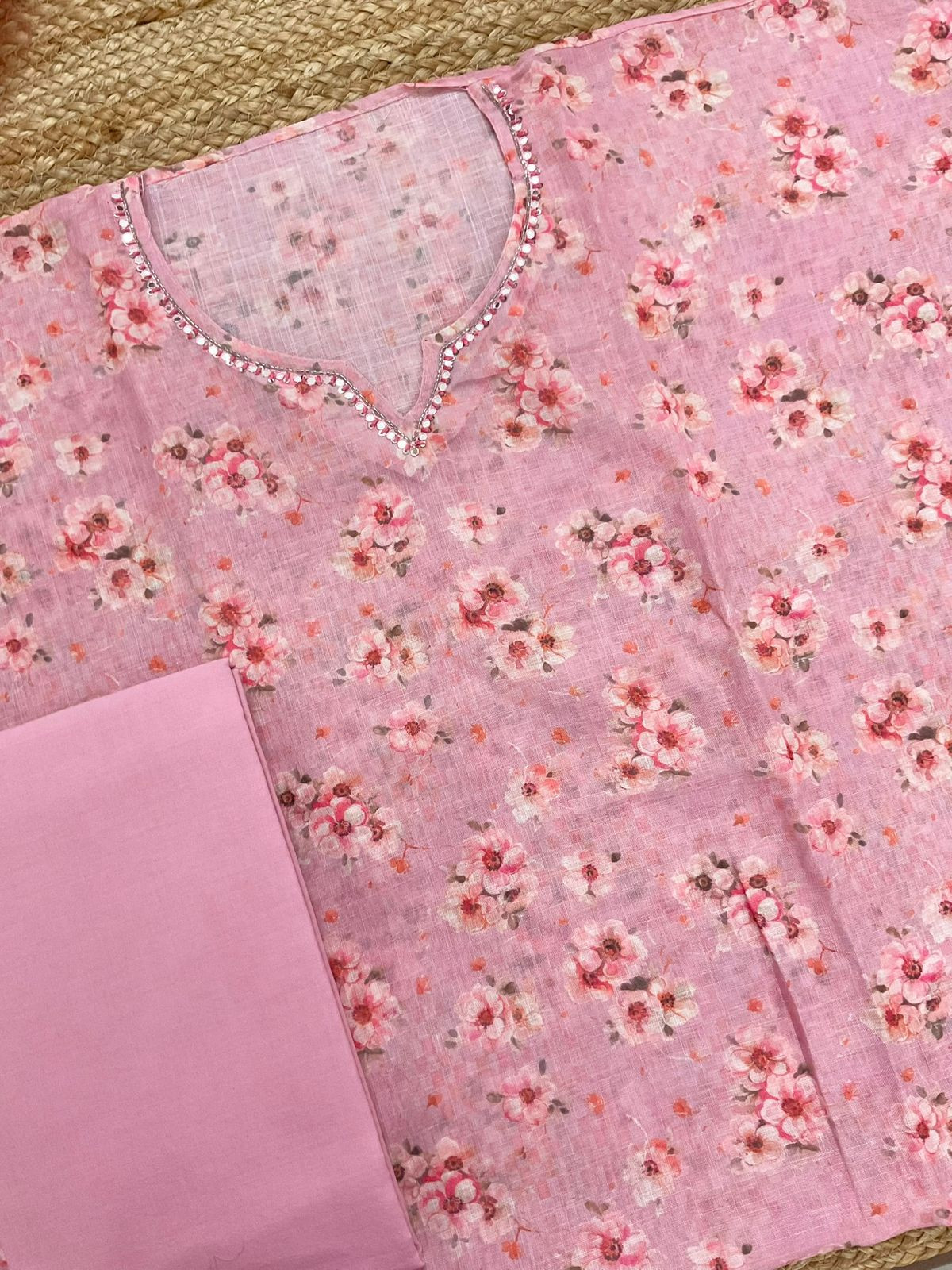 Soft Linen Jute Cotton Printed Embroidered Suit - Pink
