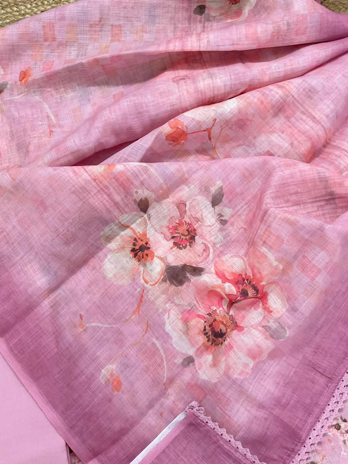 Soft Linen Jute Cotton Printed Embroidered Suit - Pink