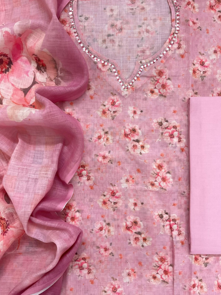 Image of Soft Linen Jute Cotton Printed Embroidered Suit - Pink
