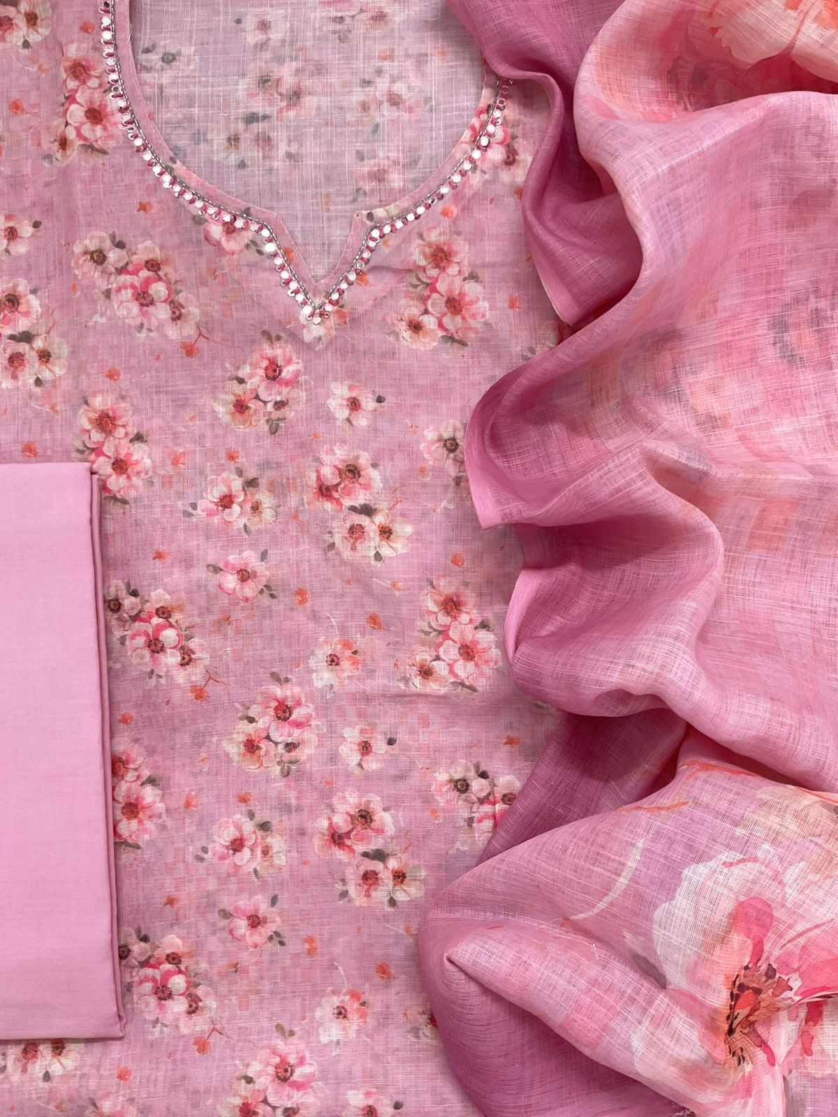 Soft Linen Jute Cotton Printed Embroidered Suit - Pink