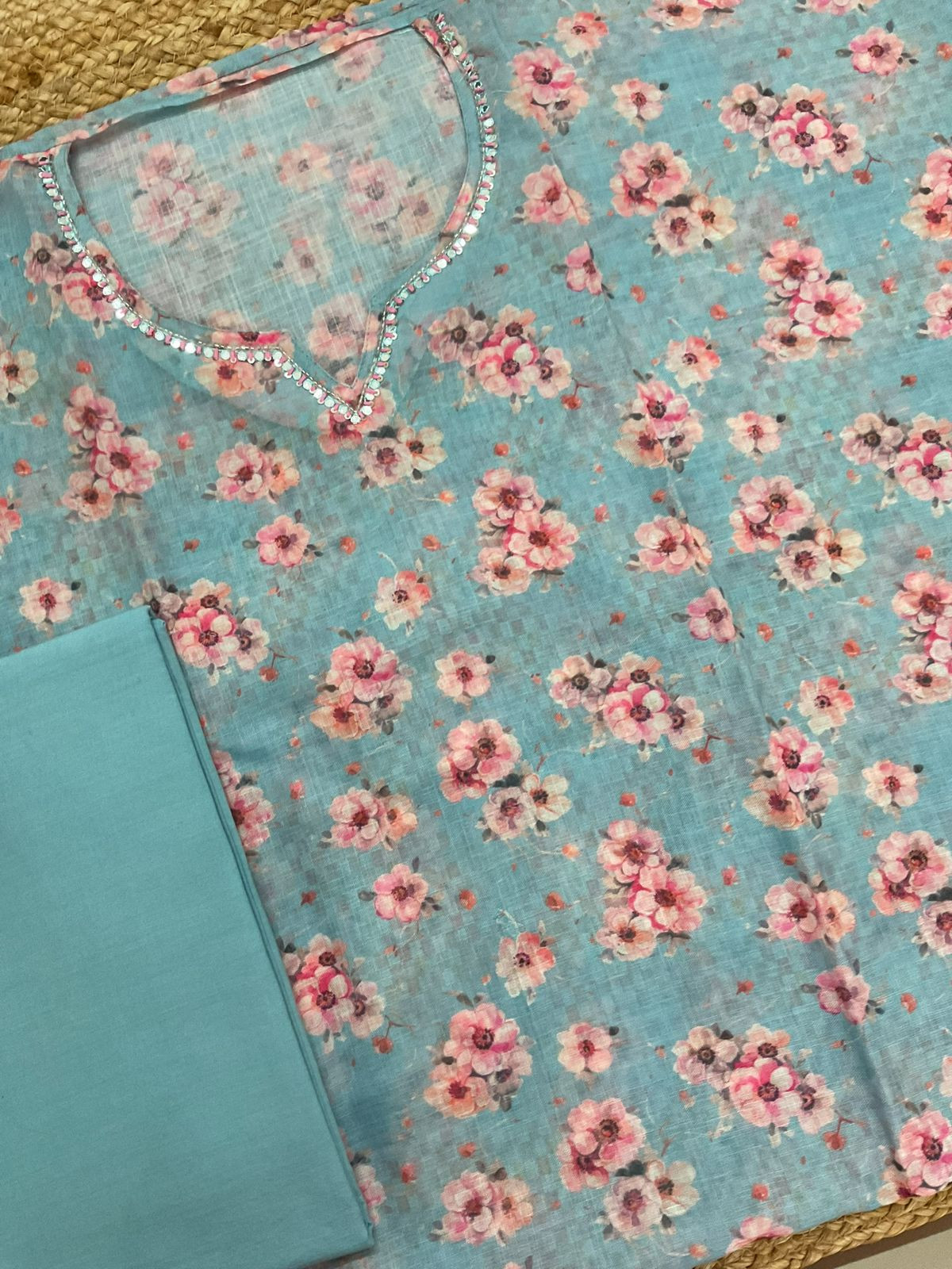 Soft Linen Jute Cotton Printed Embroidered Suit - Blue