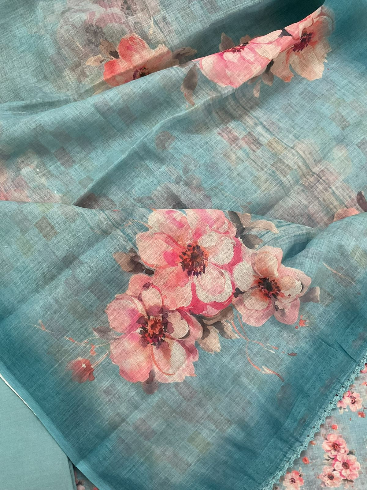 Soft Linen Jute Cotton Printed Embroidered Suit - Blue