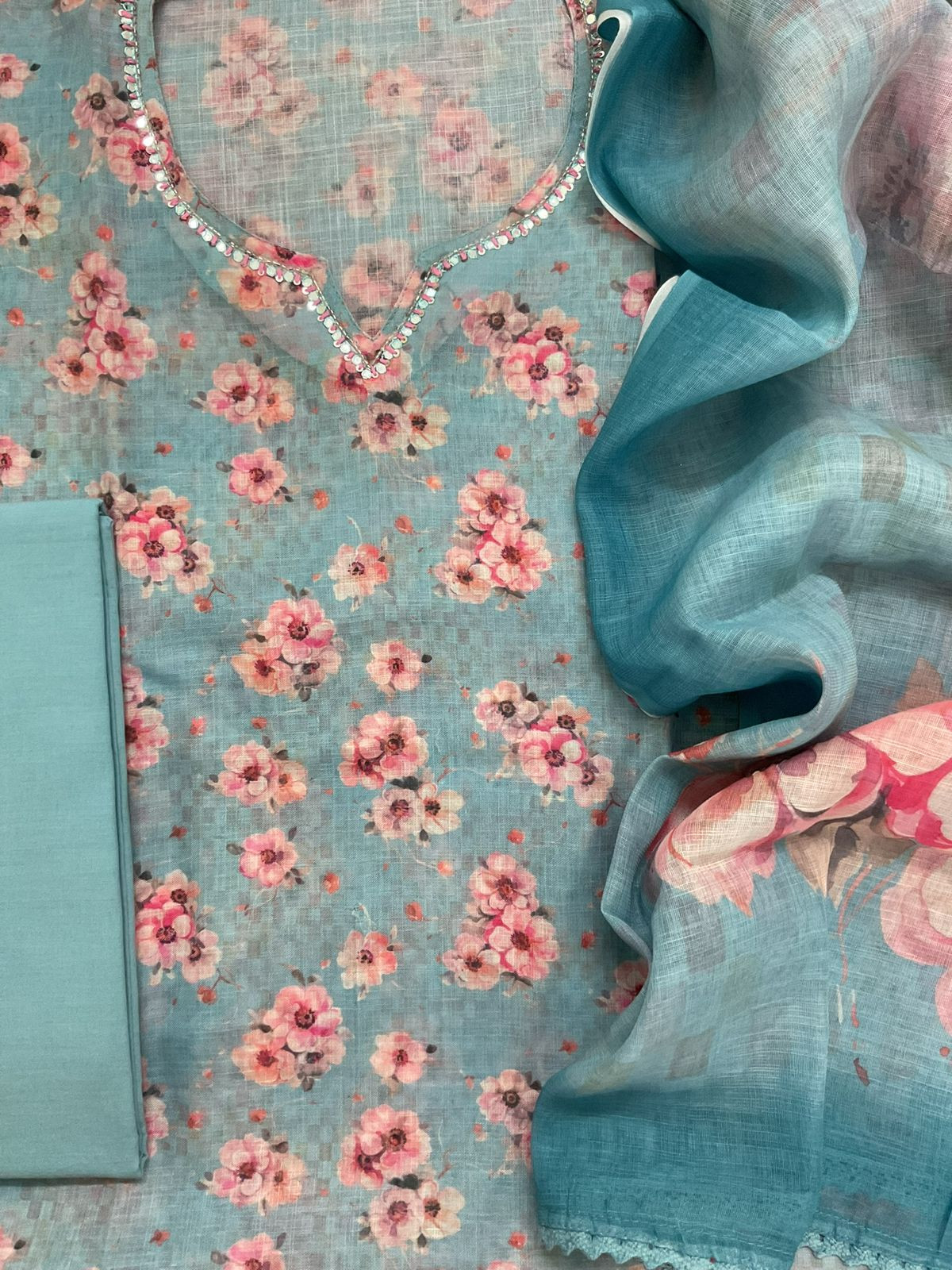 Soft Linen Jute Cotton Printed Embroidered Suit - Blue