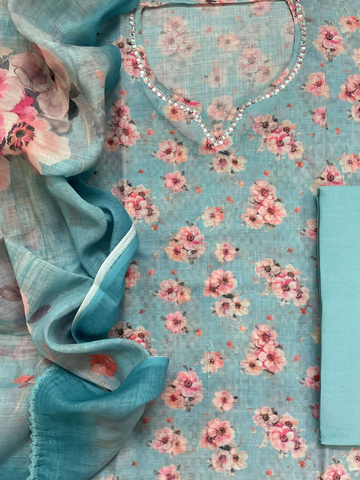 Soft Linen Jute Cotton Printed Embroidered Suit - Blue