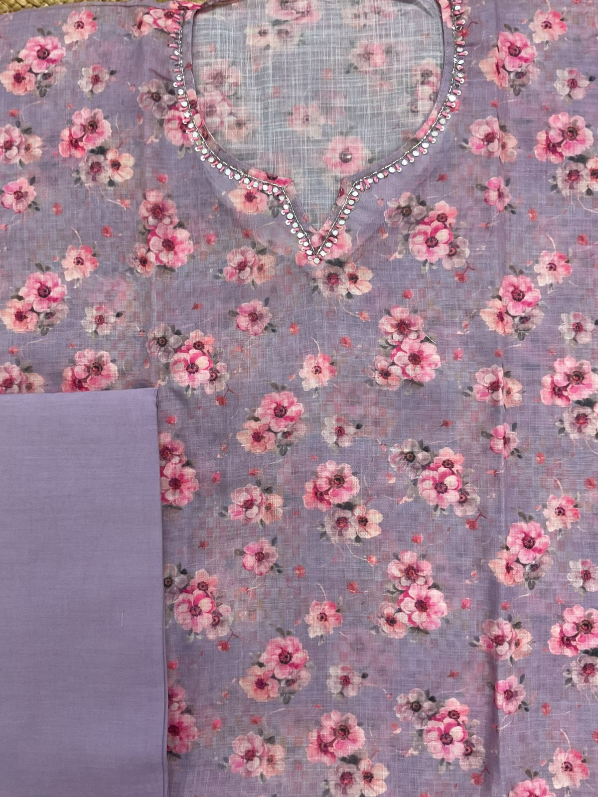 Soft Linen Jute Cotton Printed Embroidered Suit - Lavender