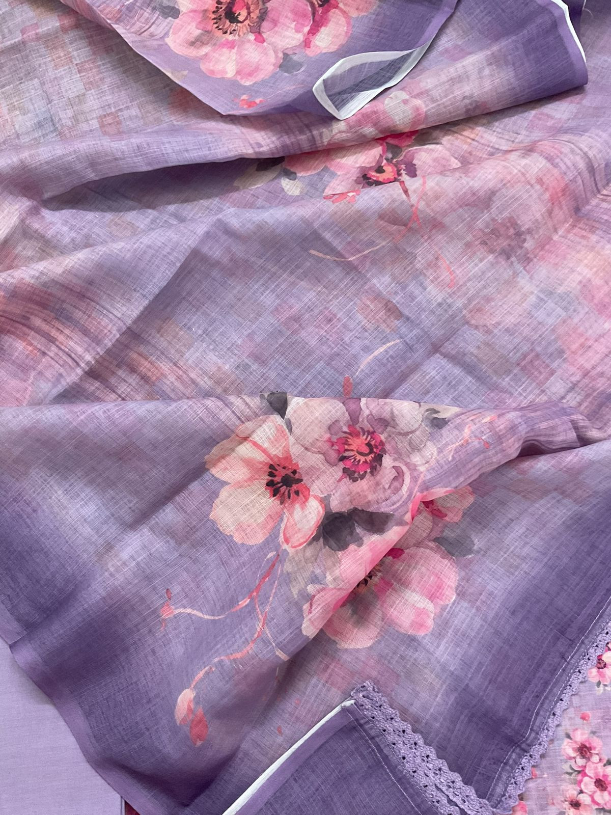 Soft Linen Jute Cotton Printed Embroidered Suit - Lavender
