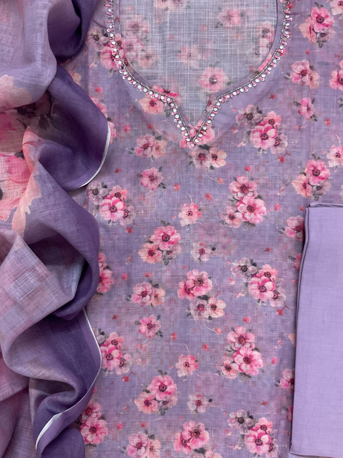 Soft Linen Jute Cotton Printed Embroidered Suit - Lavender