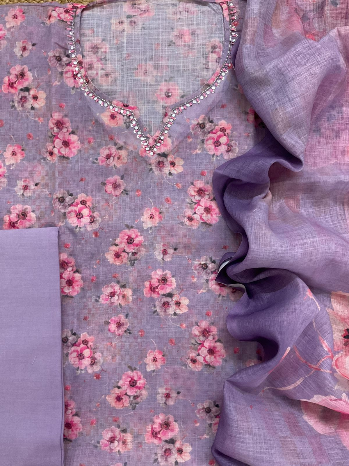 Soft Linen Jute Cotton Printed Embroidered Suit - Lavender