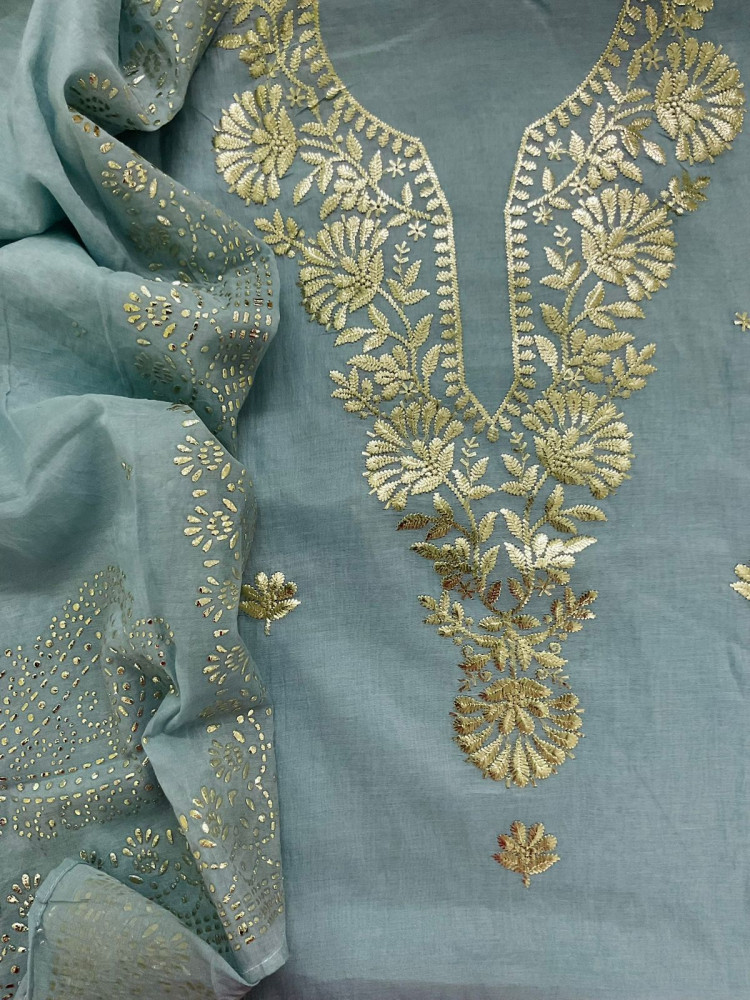 Image of Pure Chanderi Embroidered Suit - Blue