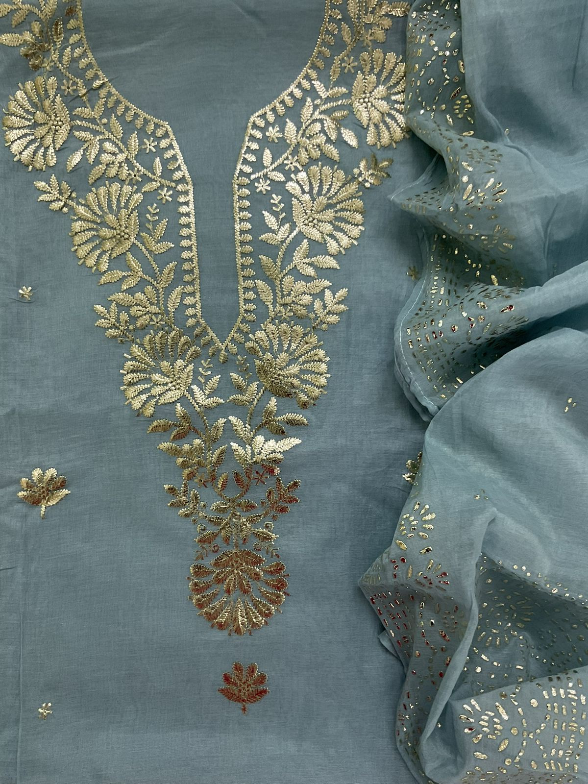 Pure Chanderi Embroidered Suit - Blue