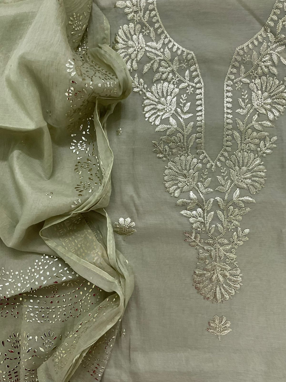 Pure Chanderi Embroidered Suit - Beigish Green