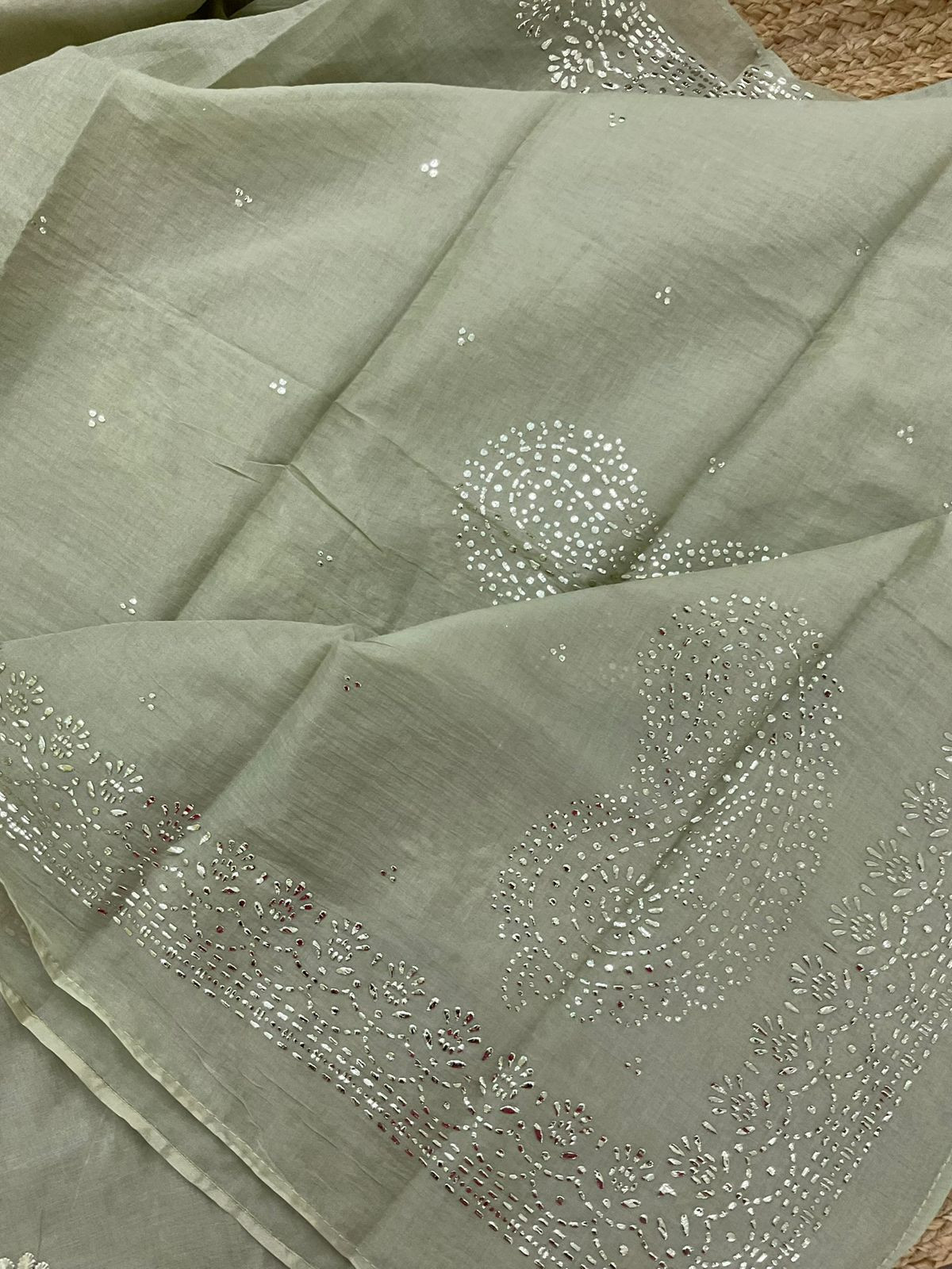 Pure Chanderi Embroidered Suit - Beigish Green