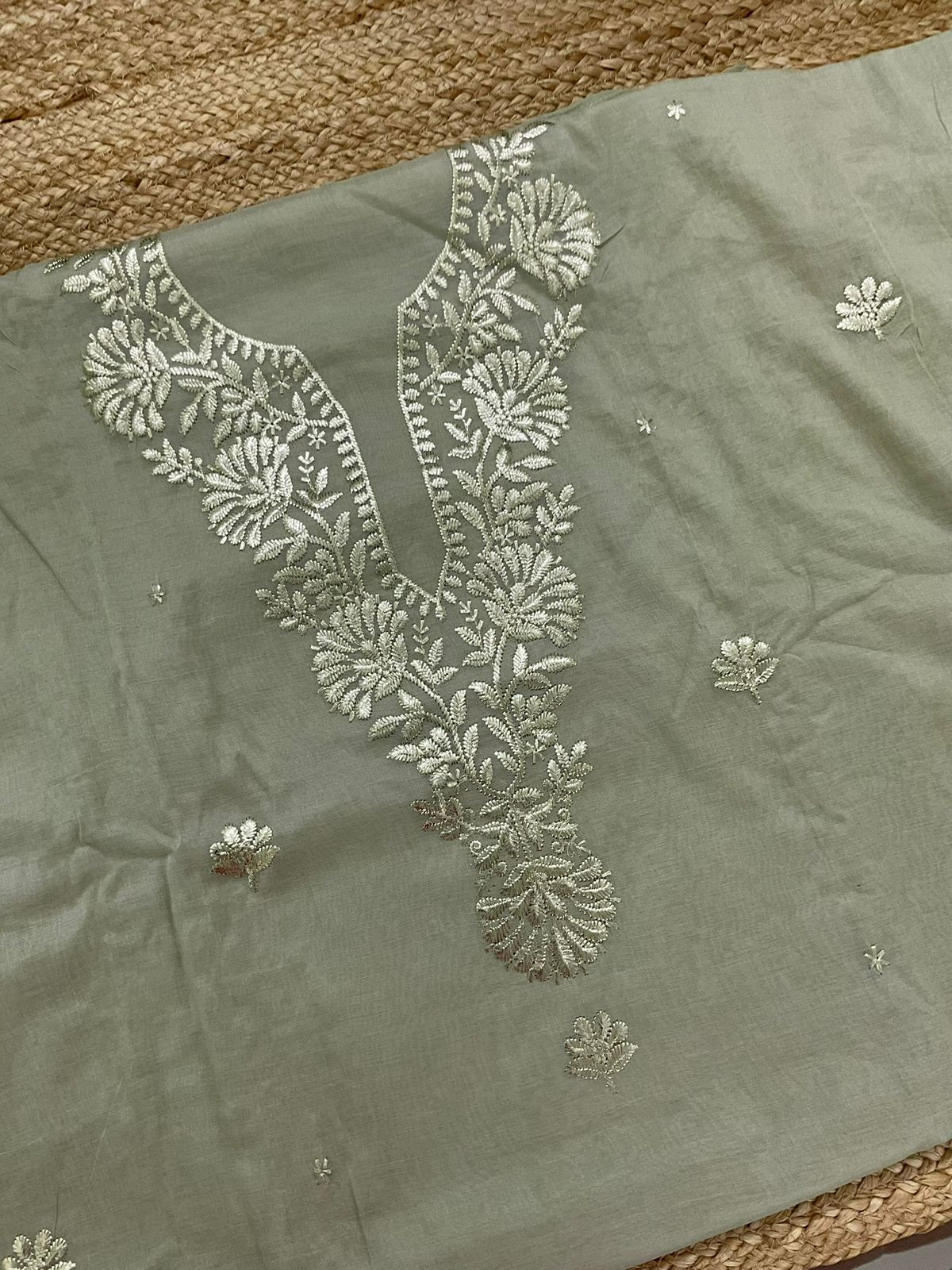 Pure Chanderi Embroidered Suit - Beigish Green