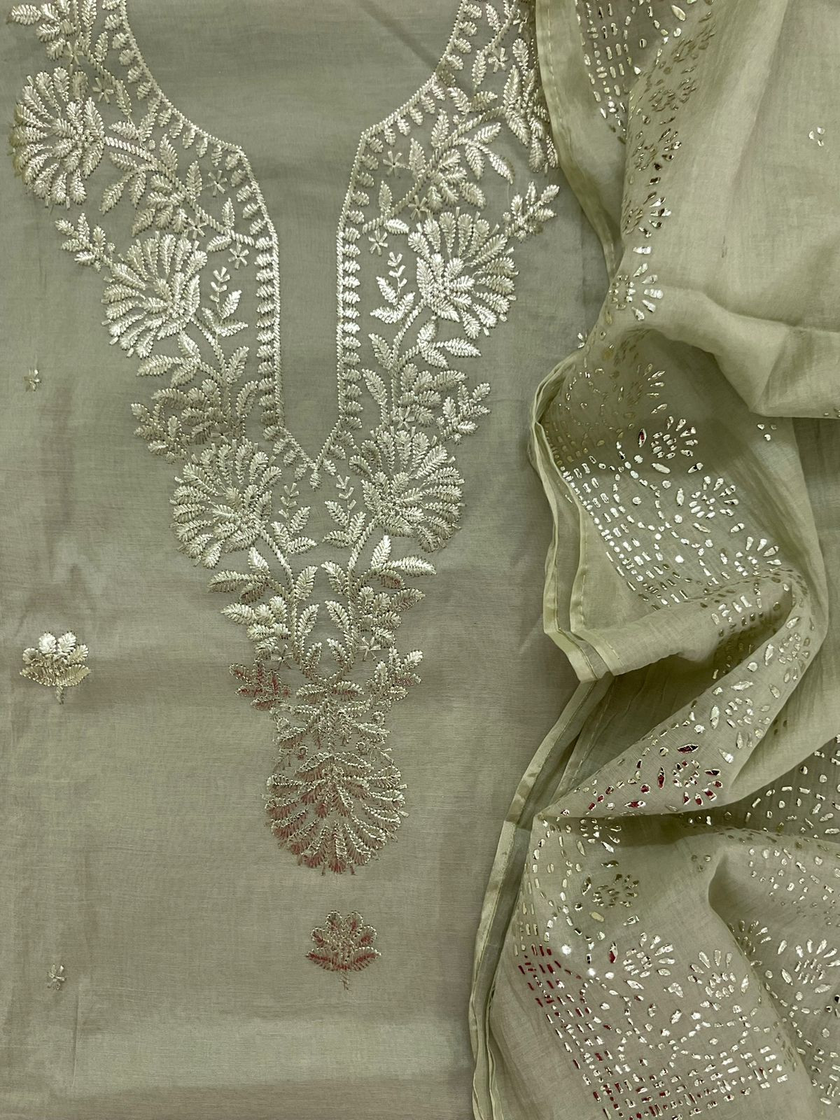 Pure Chanderi Embroidered Suit - Beigish Green