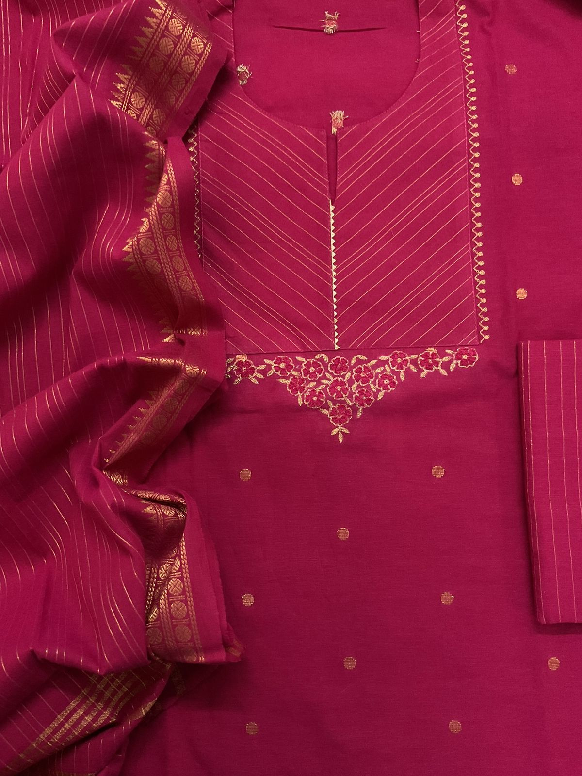 Pure Handloom Cotton Self Weaved Embroidered Suit - Pink
