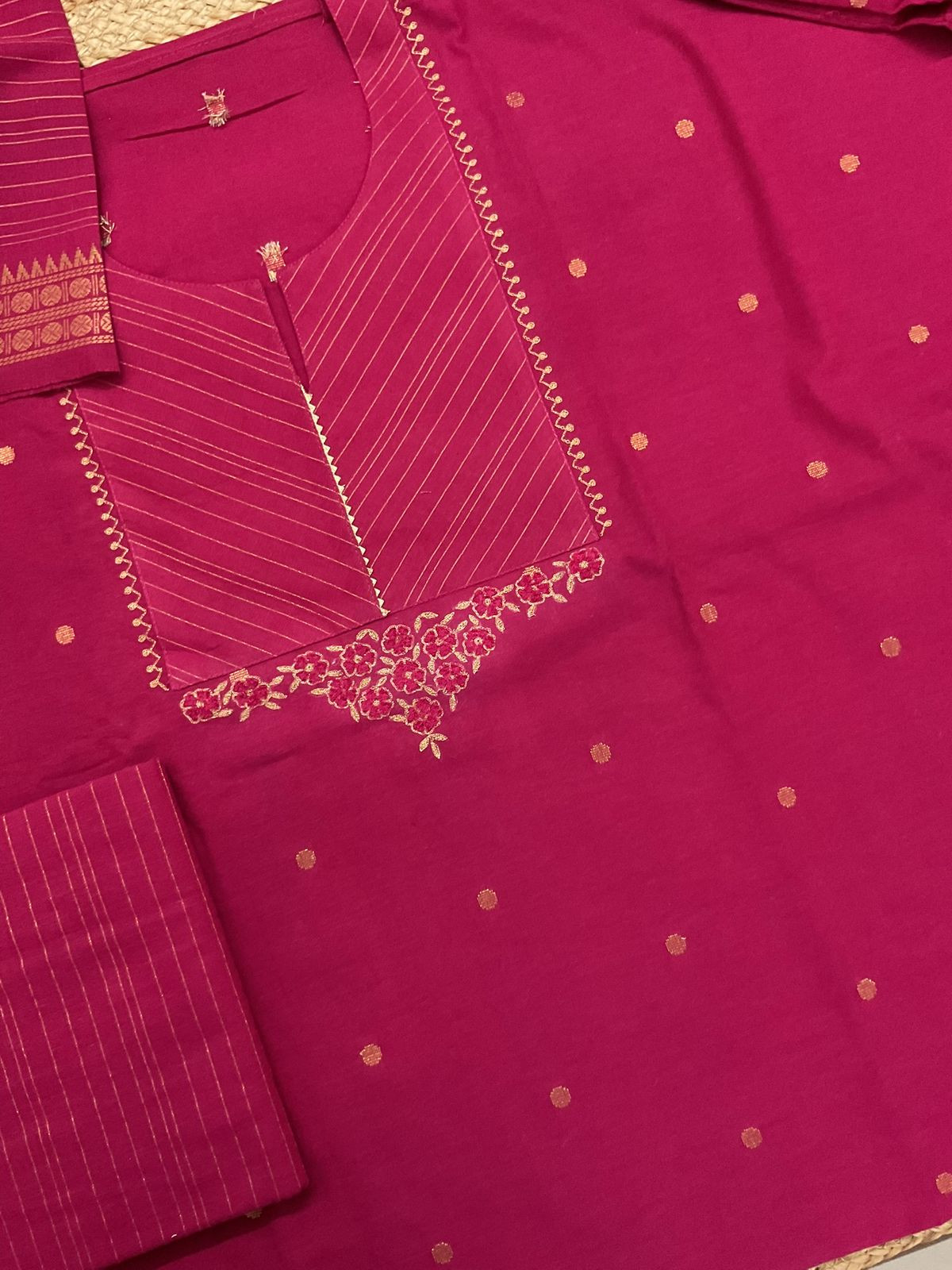Pure Handloom Cotton Self Weaved Embroidered Suit - Pink