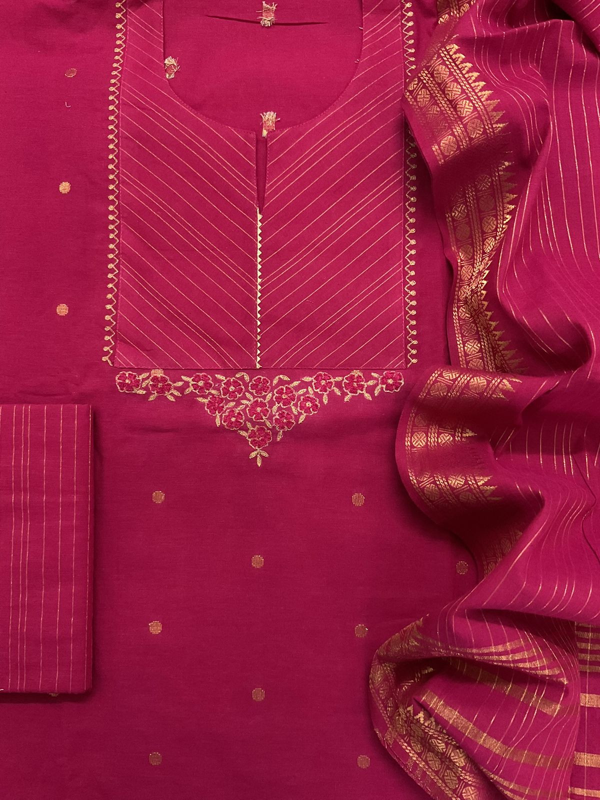 Pure Handloom Cotton Self Weaved Embroidered Suit - Pink