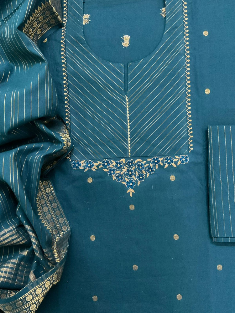 Image of Pure Handloom Cotton Self Weaved Embroidered Suit - Blue