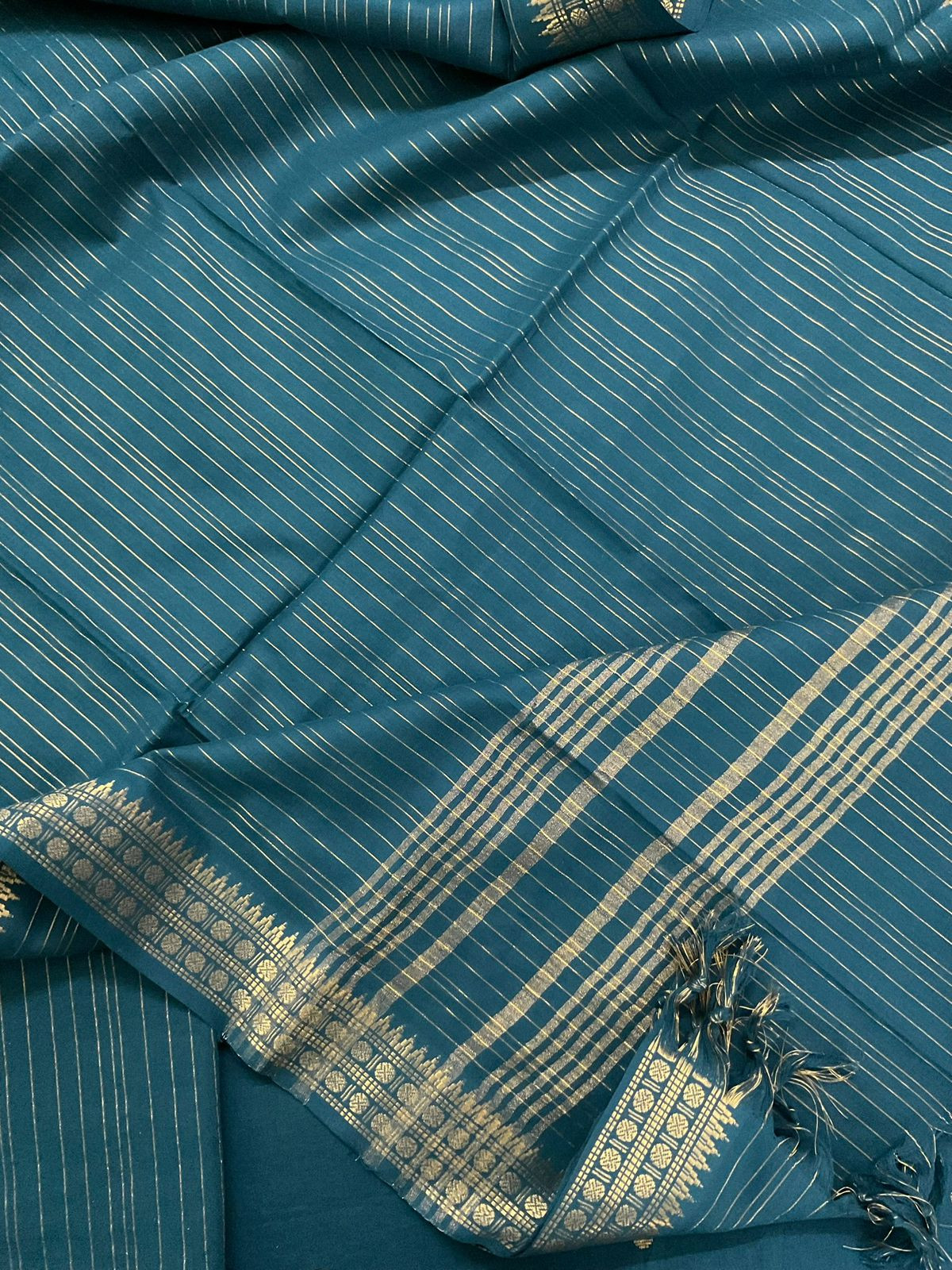 Pure Handloom Cotton Self Weaved Embroidered Suit - Blue