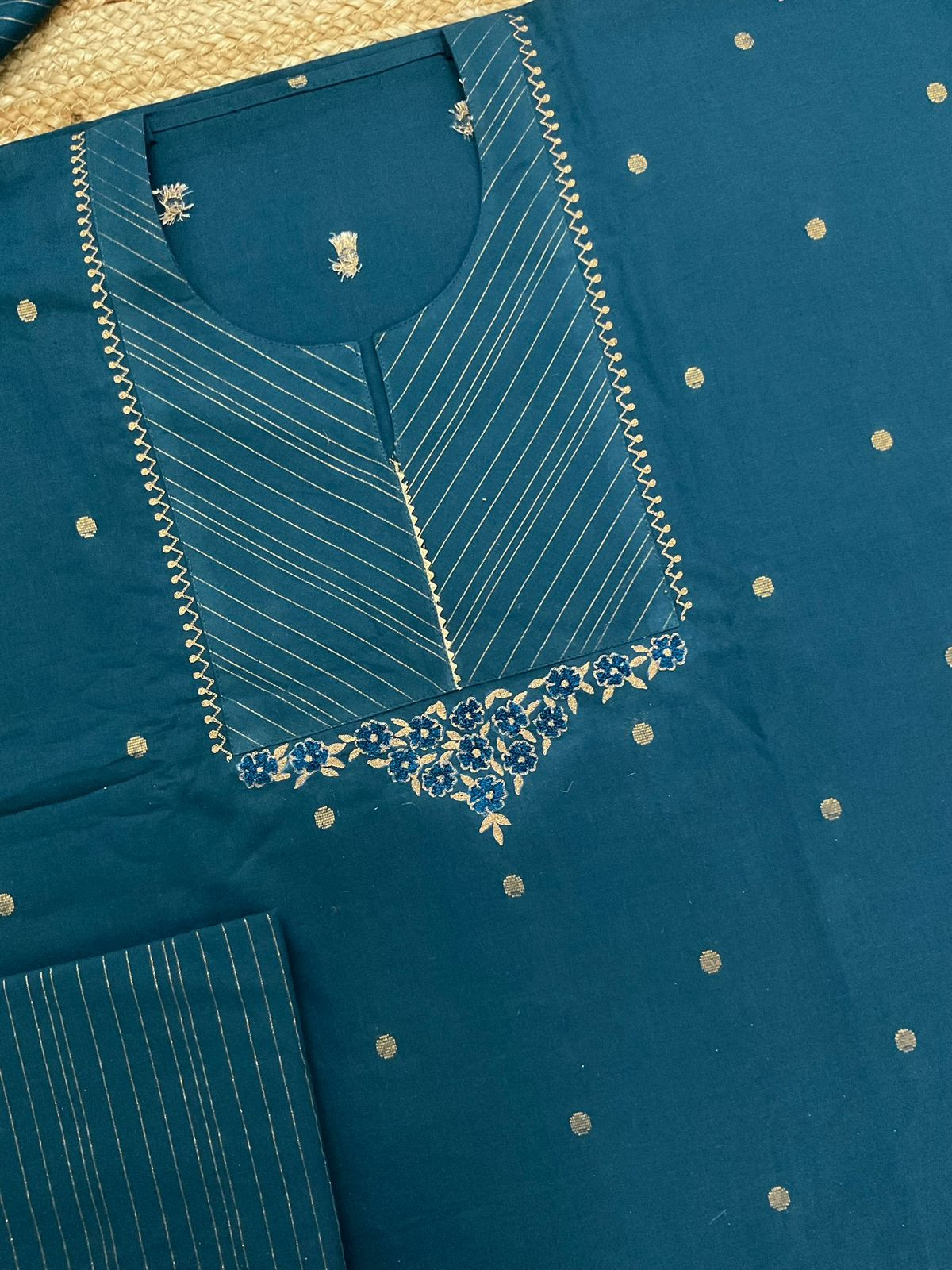 Pure Handloom Cotton Self Weaved Embroidered Suit - Blue