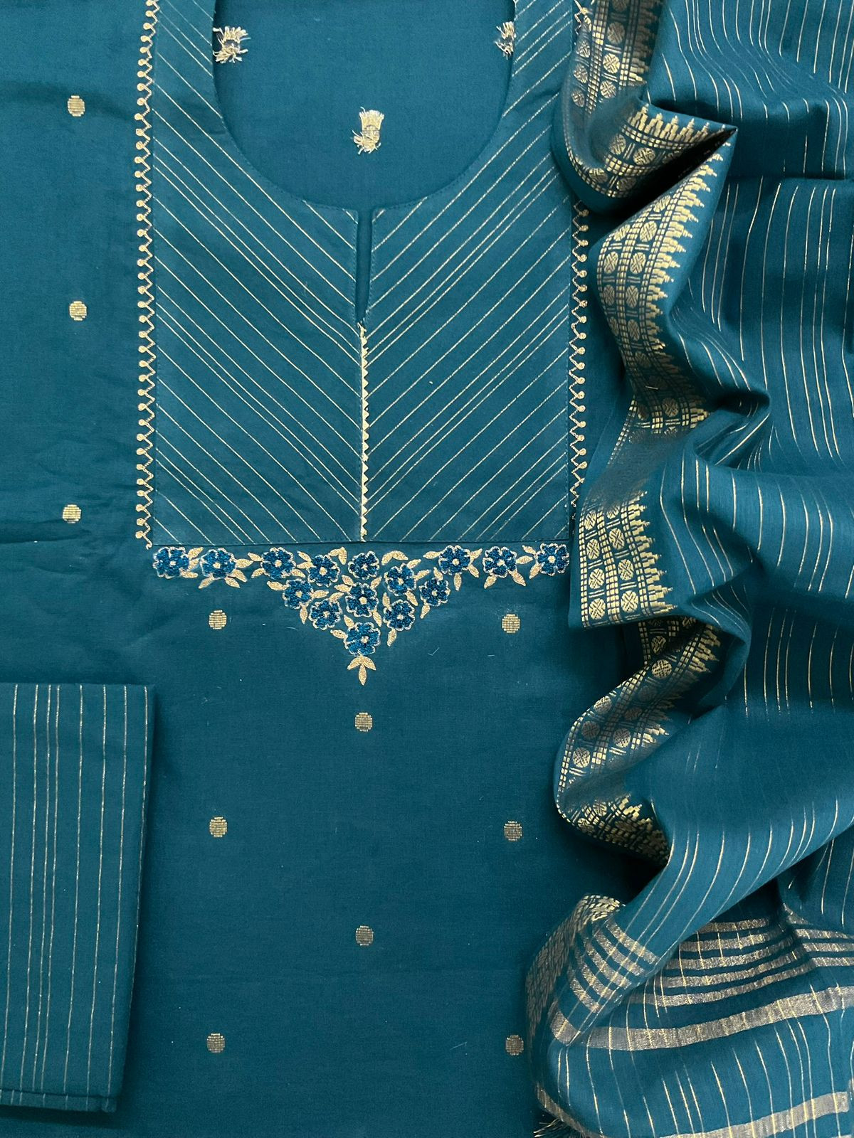 Pure Handloom Cotton Self Weaved Embroidered Suit - Blue