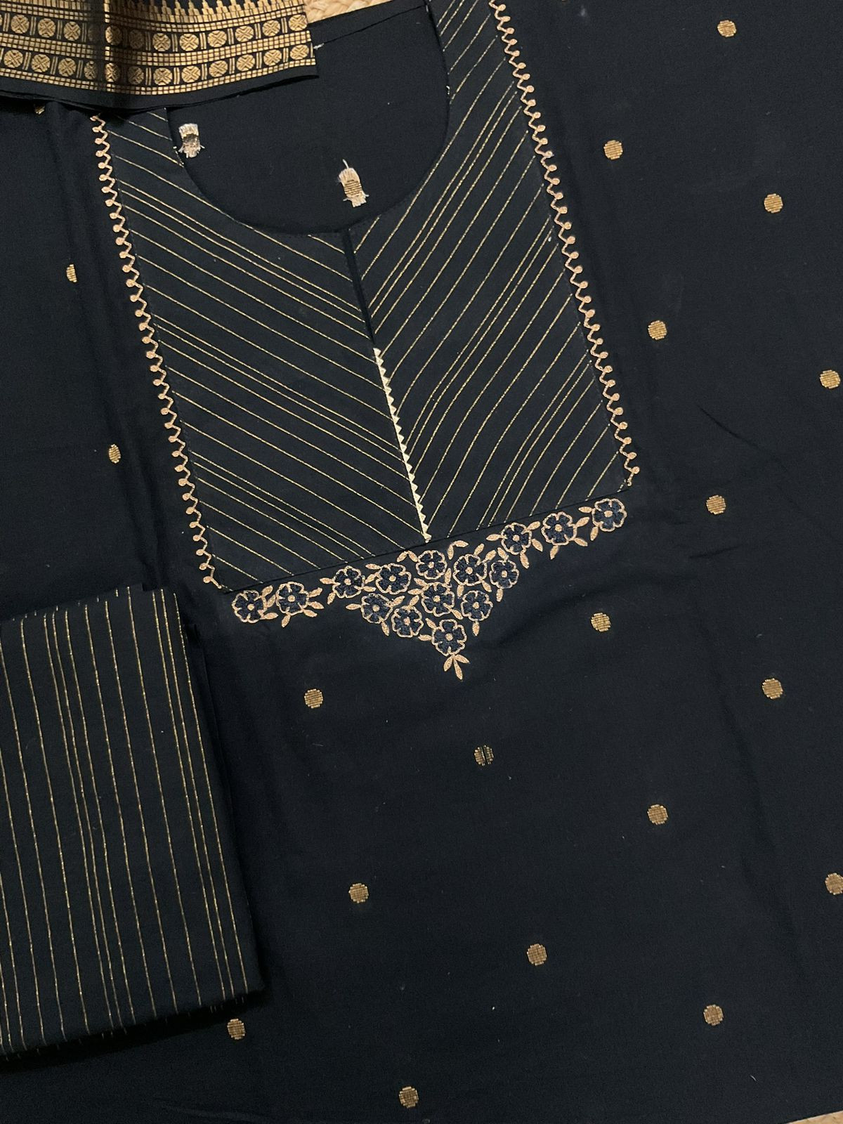 Pure Handloom Cotton Self Weaved Embroidered Suit - Black