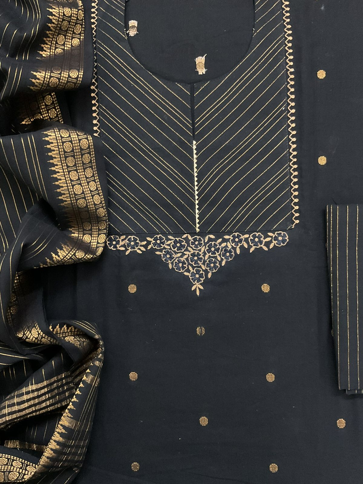 Pure Handloom Cotton Self Weaved Embroidered Suit - Black