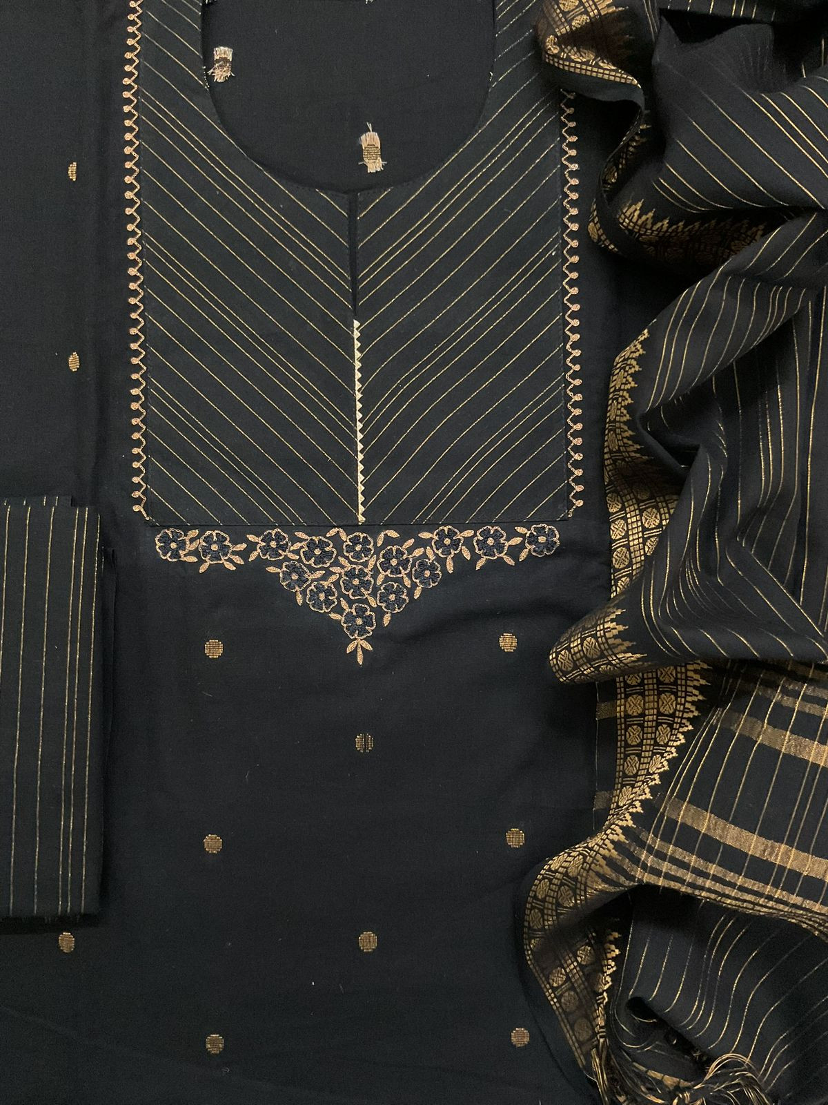 Pure Handloom Cotton Self Weaved Embroidered Suit - Black