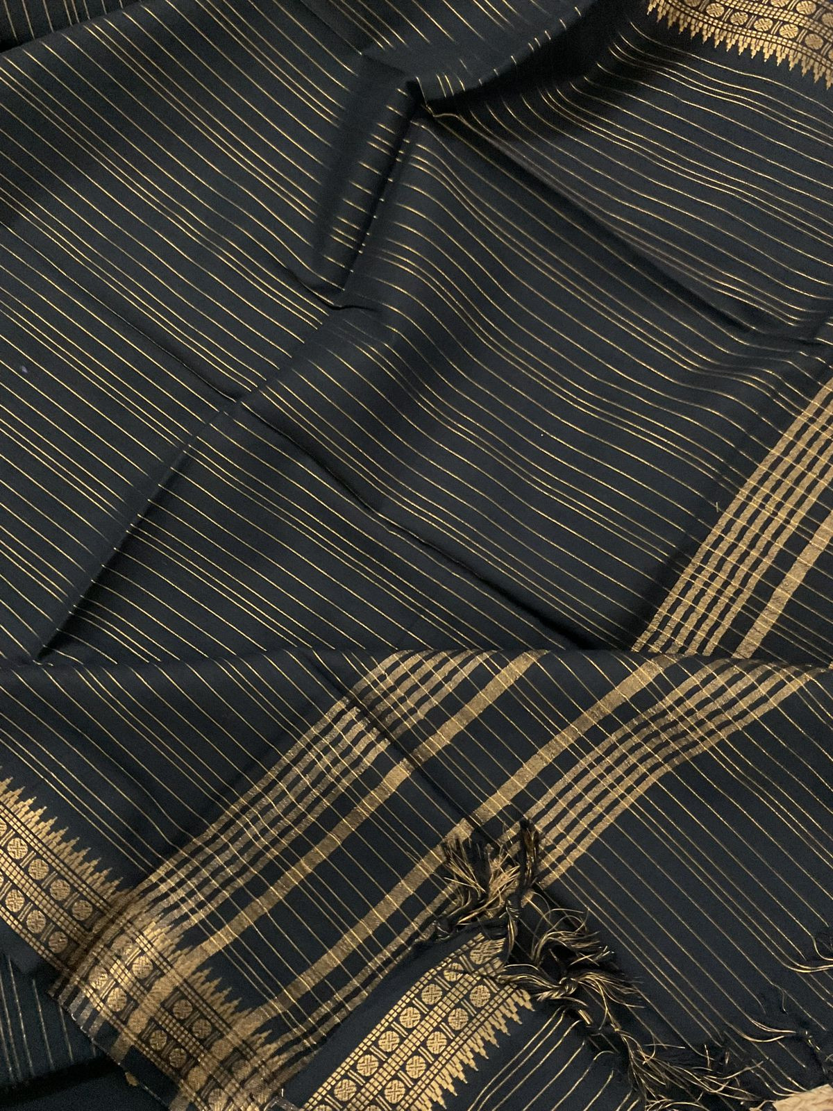 Pure Handloom Cotton Self Weaved Embroidered Suit - Black
