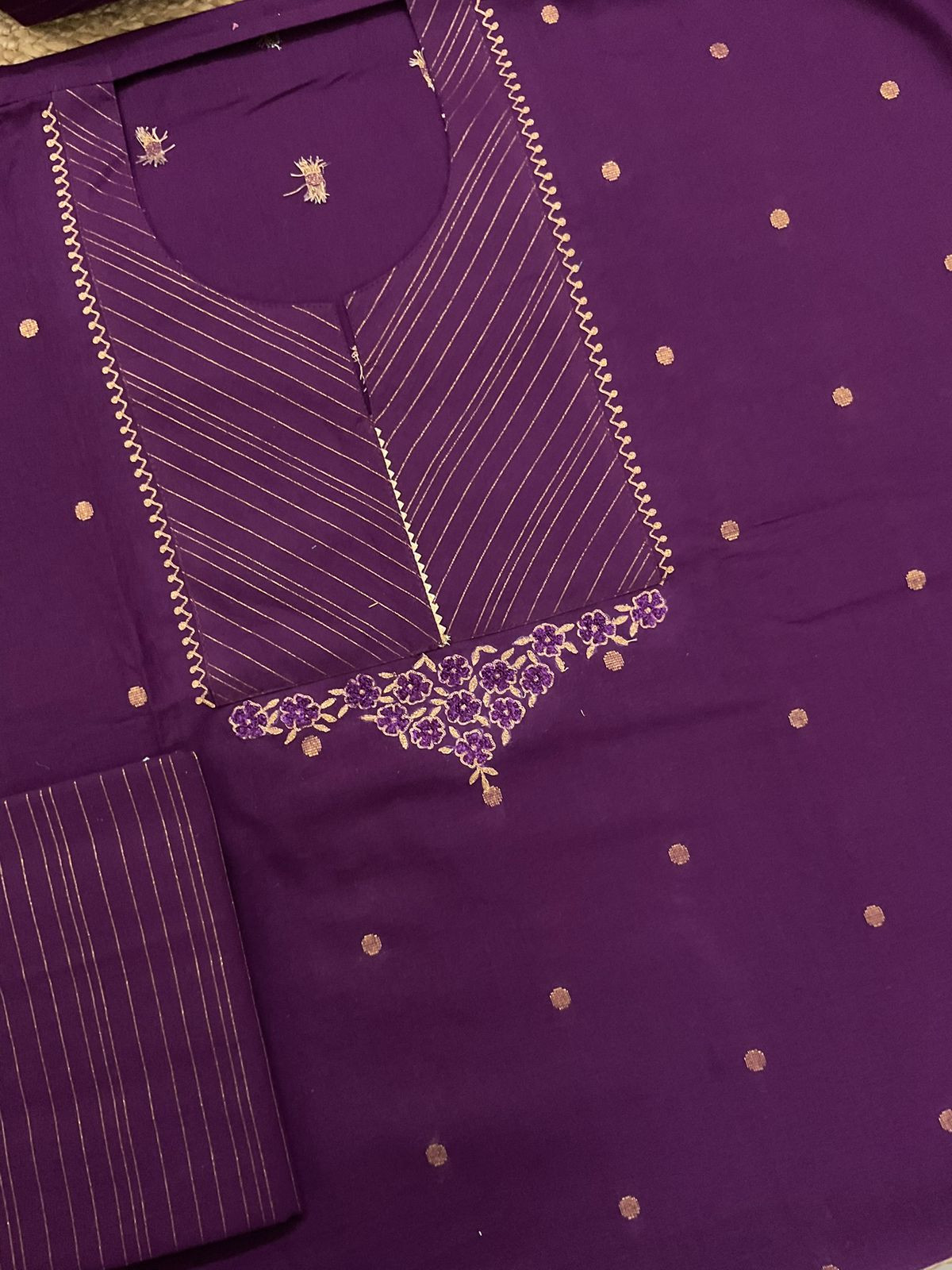 Pure Handloom Cotton Self Weaved Embroidered Suit - Violet