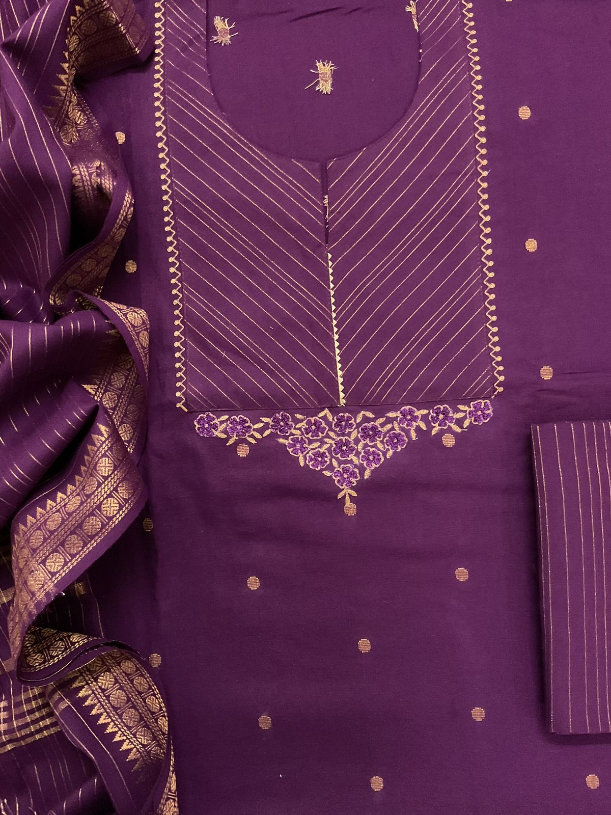 Pure Handloom Cotton Self Weaved Embroidered Suit - Violet