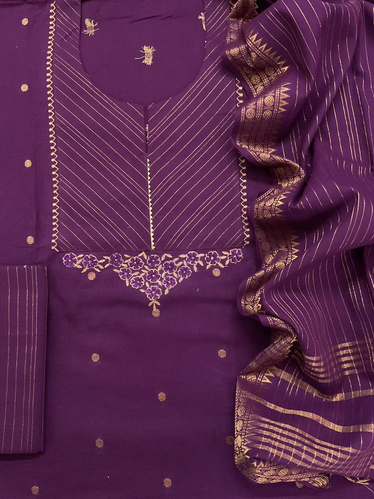 Pure Handloom Cotton Self Weaved Embroidered Suit - Violet