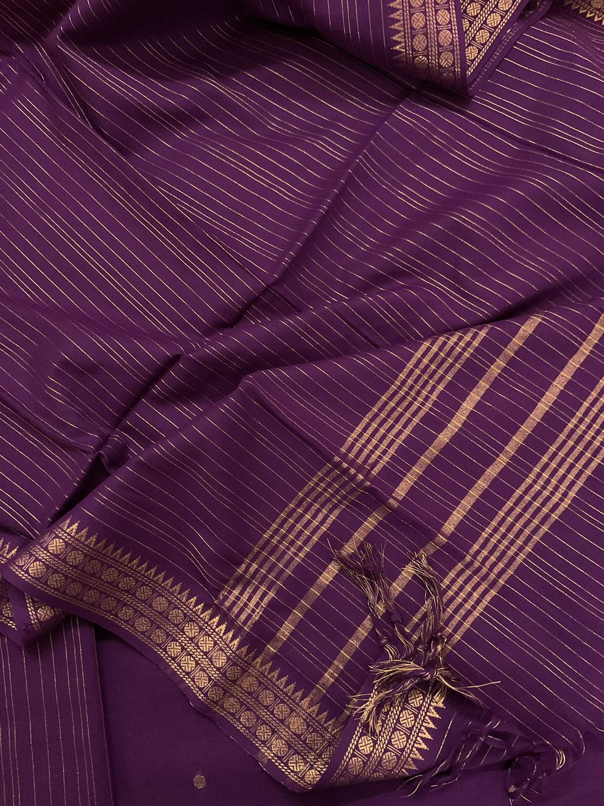 Pure Handloom Cotton Self Weaved Embroidered Suit - Violet