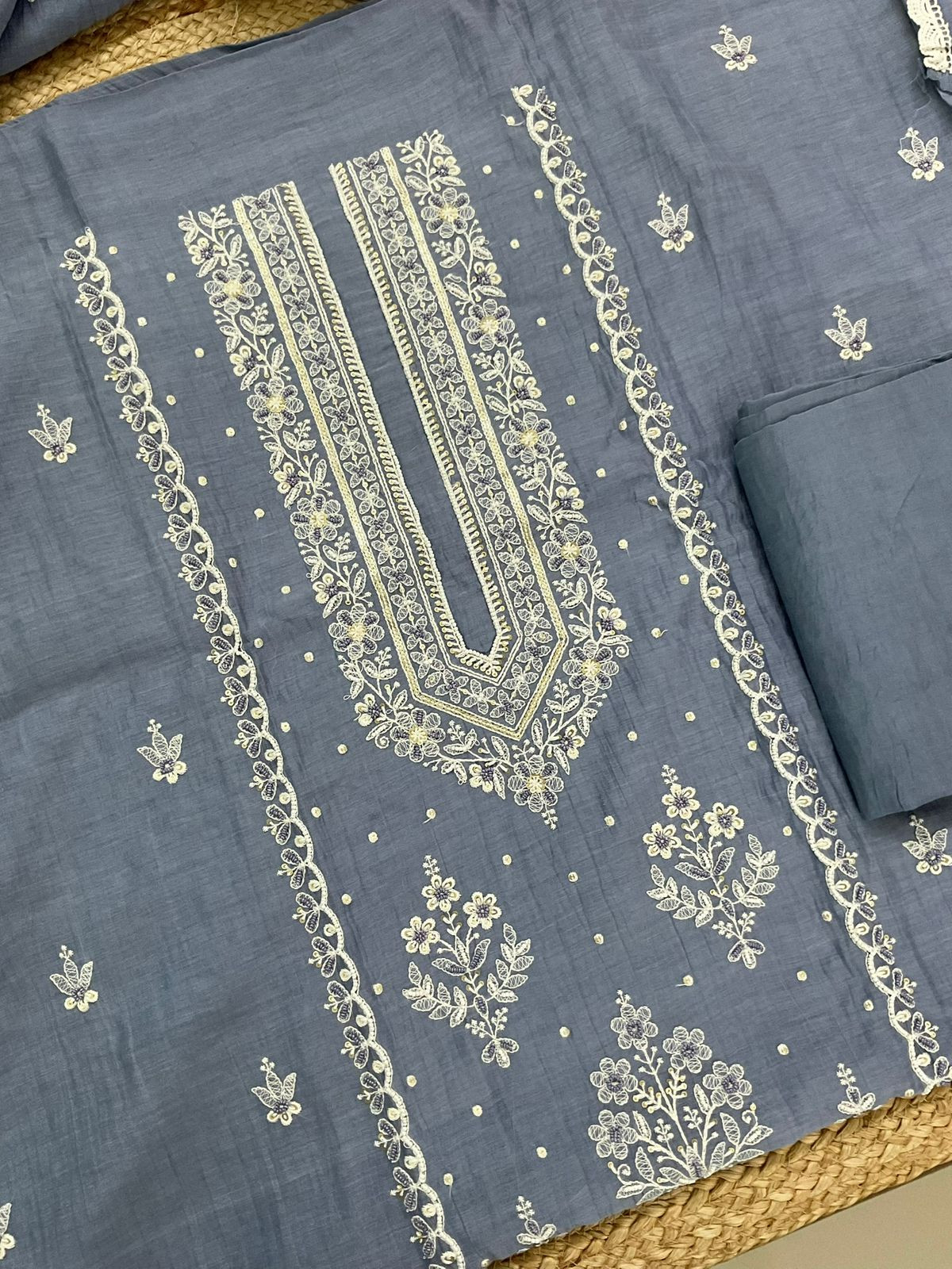 Pure Mul Chanderi Embroidered Suit - Blue
