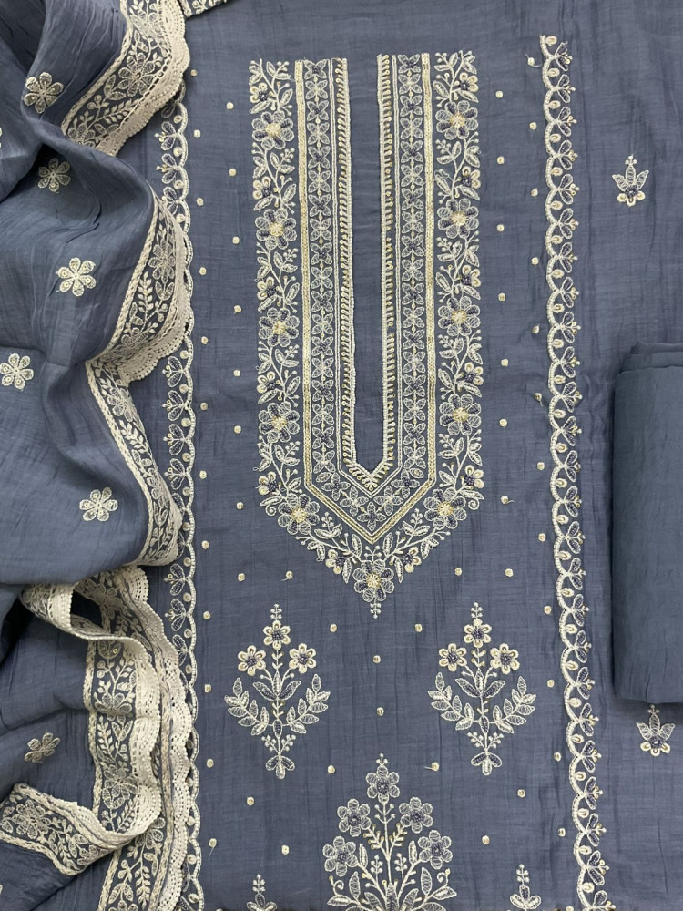 Image of Pure Mul Chanderi Embroidered Suit - Blue