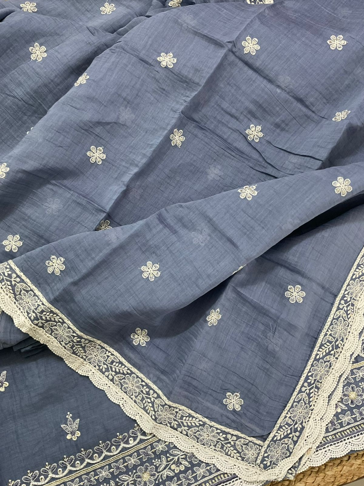 Pure Mul Chanderi Embroidered Suit - Blue