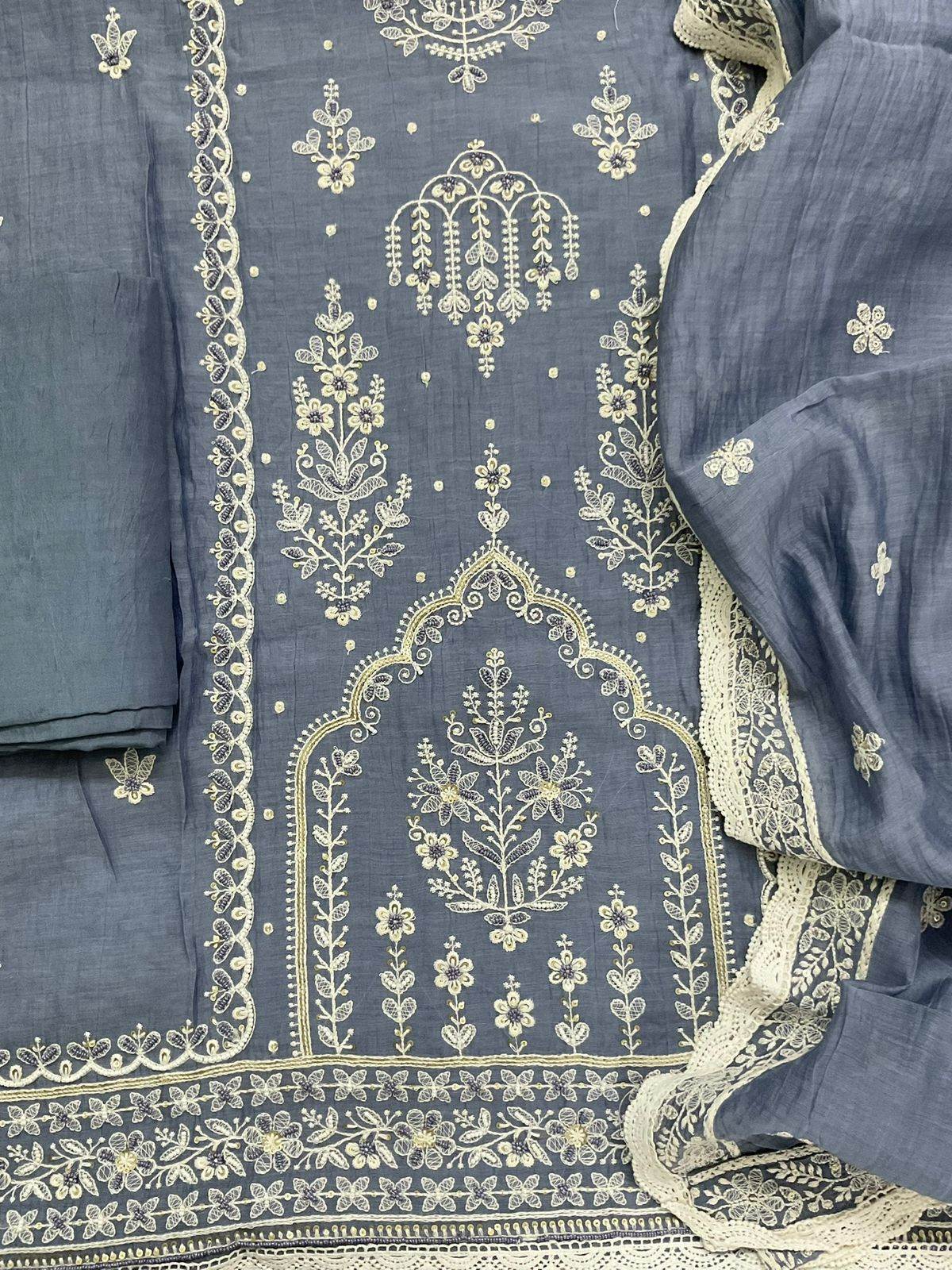 Pure Mul Chanderi Embroidered Suit - Blue
